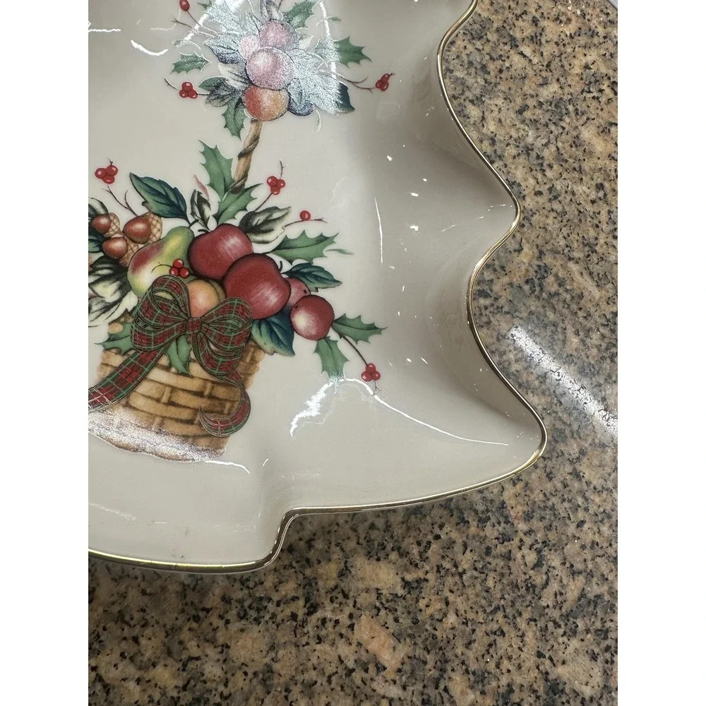 Lenox‎ Holiday Tartan Tree Candy Dish Christmas Serving Plate Bowl Gold Rim